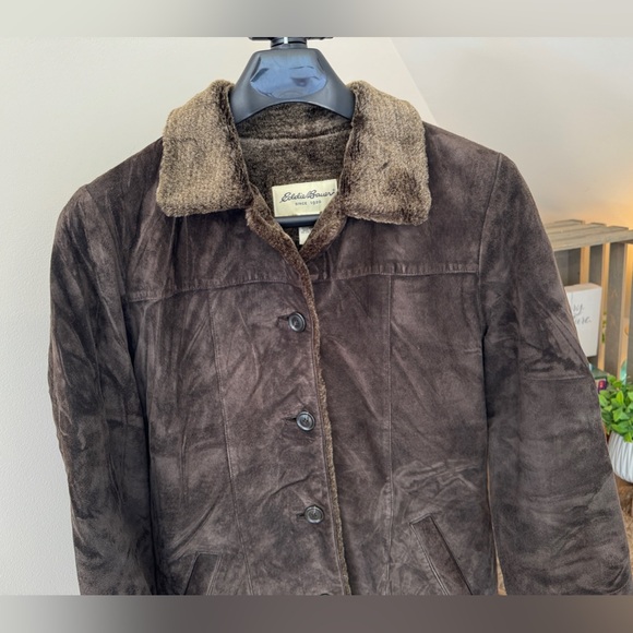 Eddie Bauer Dark Brown Suede Jacket with Faux Fur Lining, Medium - Picture 5 of 11